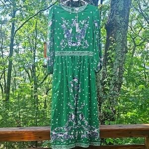 Max Studio Folklore Cottage Core Long Sleeve Midi Dress Green Size L NWT
